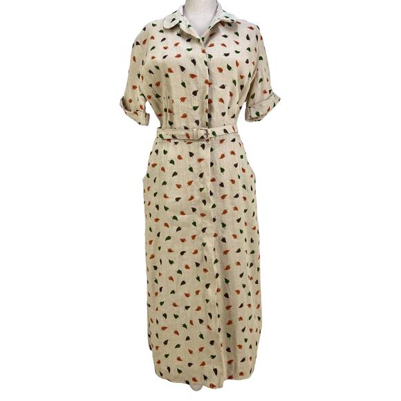 Vintage Cay Artley Irish Linen Dress Printed Leaf Motif Neutral